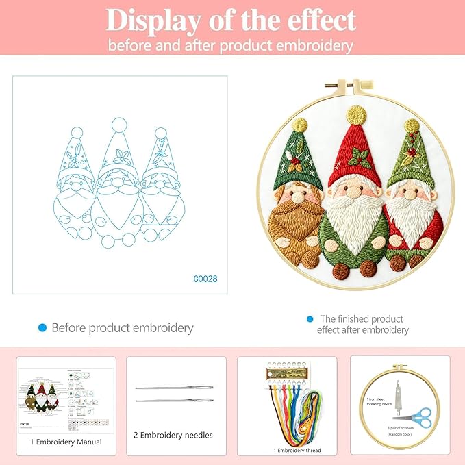 Zhenqing 3 Gnomes Embroidery Kit for Beginners - 29x29cm Printed Fabric, Hoop & Full Tools Included (C0028)