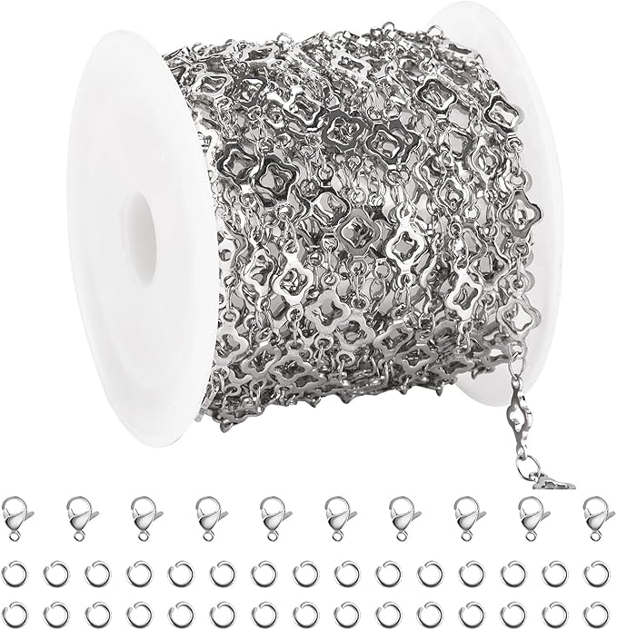 YOUBEIYEE 4 Meters Stainless Steel Chain for Jewelry Making Four Leaf Clover Good Luck Jewelry Making Chain Roll with Lobster Clasp Jump Rings