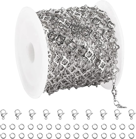 YOUBEIYEE 4 Meters Stainless Steel Chain for Jewelry Making Four Leaf Clover Good Luck Jewelry Making Chain Roll with Lobster Clasp Jump Rings