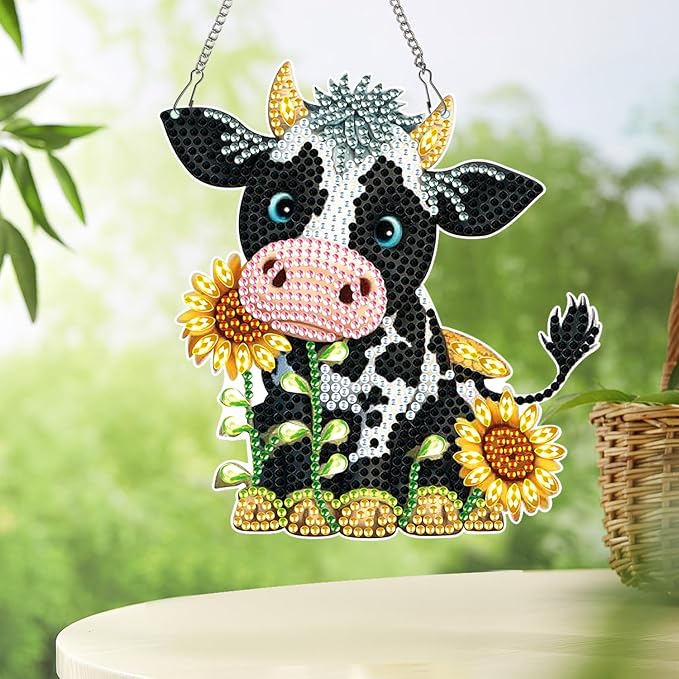 MVVMTOP Diamond Painting Kits Hanging Pendant,Cow Diamond Art Hanging Sign DIY Special Shaped Crystal Wreath Ornaments for Home Decor Gift, HGJ038