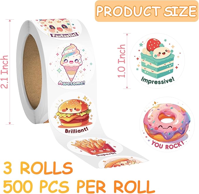 3 rolls cute food stickers for toddlers 2-4, 24 designs fruit/vegetable/snack stickers bulk for kids, 1500 pcs motivational vinyl stickers for teacher classroom prizes, homeschool supplies(1.0 inch)