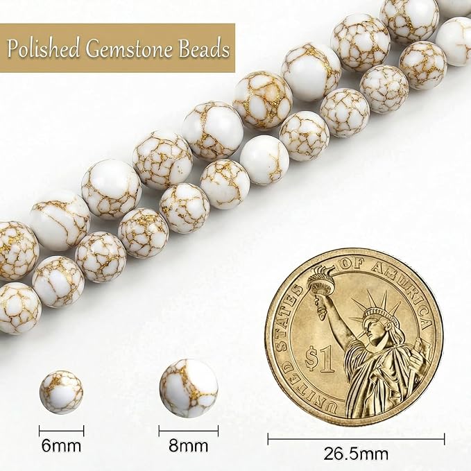 Stone Beads, 45pcs White Howlite, 8mm Round Loose Beads for Jewelry Making, Bracelets, with Bag, String & Card