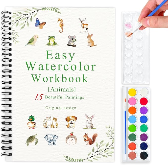 SLWBZ Watercolor Workbook Animals, 15 Different Patterns of Original DIY Designs, 16 Color Watercolor Paint Plates with Palette and Brush, Beginner-Friendly Watercolor Workbooks, Animals