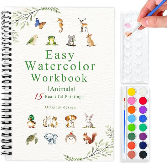 SLWBZ Watercolor Workbook Animals, 15 Different Patterns of Original DIY Designs, 16 Color Watercolor Paint Plates with Palette and Brush, Beginner-Friendly Watercolor Workbooks, Animals