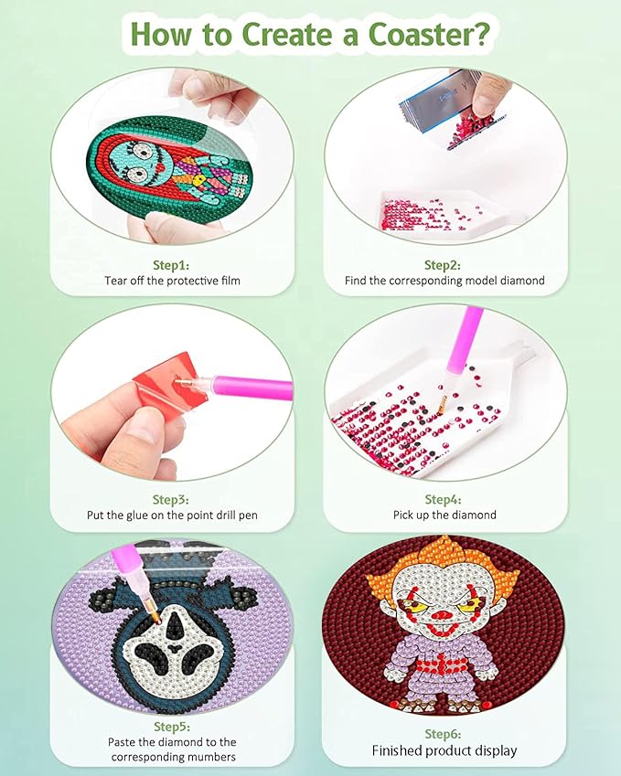 8Pcs Diamond Painting Coasters with Holder,DIY Halloween Life Coaster Diamond Art Kits for Adults Kids,Beginners Round Full Drill Diamond Art Craft Supplies