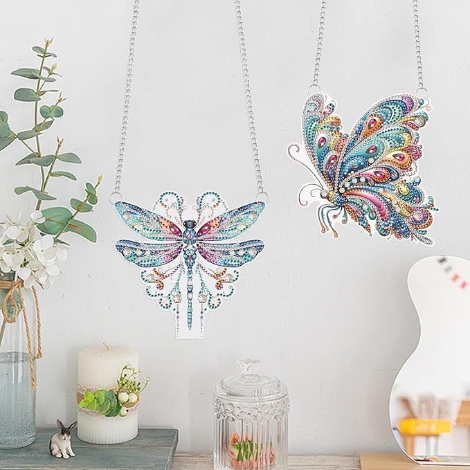 JISHSHAY 2 PCS Diamond Painting Pendant 5D DIY Butterfly Diamond Art Wind Chime Special Shaped Crystal Suncatcher Garden Wind Chimes Diamond Art Keyrings Pendant Necklace