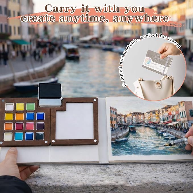Mini Watercolor Paint Set - Mini Travel Watercolor Palette Set, Pocket Water Color Paint Palette Kit with 18 Colours, Sketchbook, Pens, Wooden Paints Box for Painters Artists