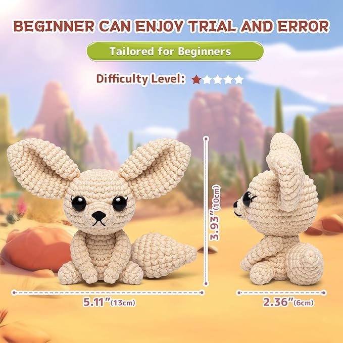 Mewaii Crochet Kit for Beginners Level 1 with 40% Extra Eco-Friendly Pre-Started Easy Yarn, Step-by-Step Video Tutorials for Adults and Kids (Fennec Fox)
