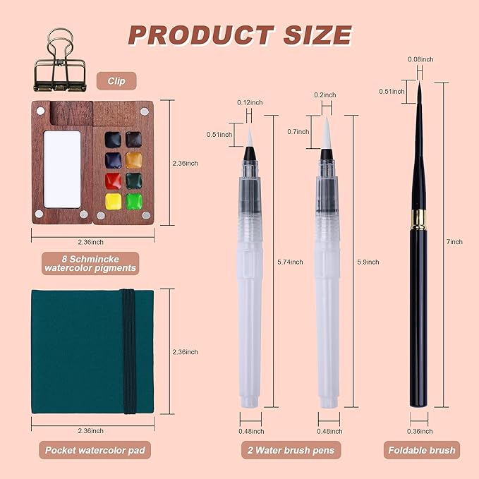 Mini Watercolor Paint Set, Portable Travel Art Kit with Wooden Palette, 8 Color Pigments, Watercolor Pad, Water Brush Pens and Accessories for Artists