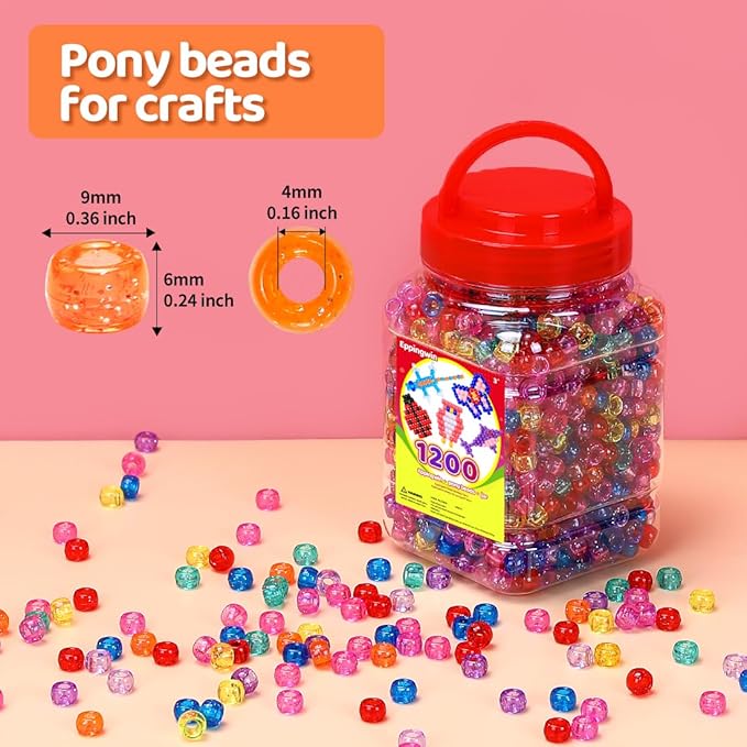 eppingwin 1200pcs pony beads for bracelets, glitter colors kandi beads for hair braids, easy storage pony bead for jewelry making