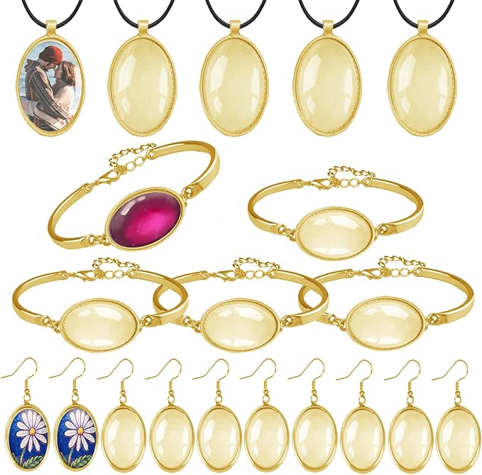 Pendant Trays Set for DIY Jewelry Making Supplies, Oval Glass Cabochon Pendant Bezel Trays, Bracelet Blank Trays Earrings Blanks Charms Crafts for Gift