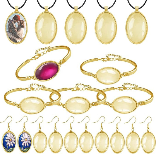 Pendant Trays Set for DIY Jewelry Making Supplies, Oval Glass Cabochon Pendant Bezel Trays, Bracelet Blank Trays Earrings Blanks Charms Crafts for Gift