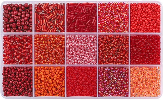 Mix 15 Color Glass Seed Tube Beads Glass Bugle Beads Loose Kit for Jewelry Making DIY Craft Beading (Mix 15 Color, Red)