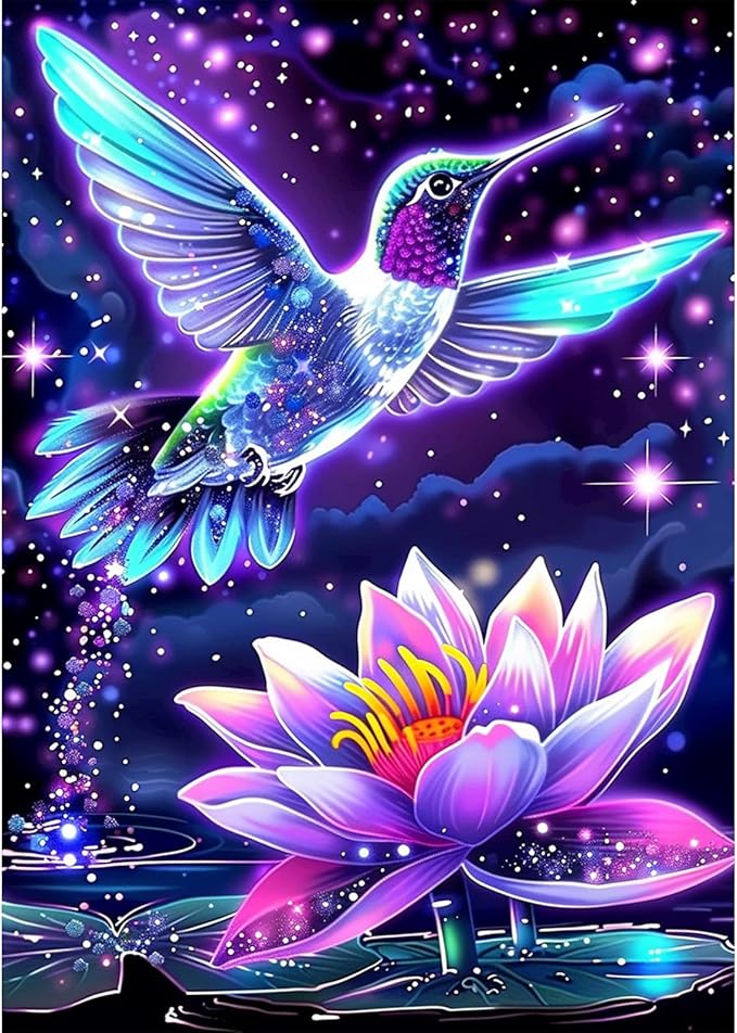 SENQAO Hummingbird Diamond Art Kits for Adults, Lotus Diamond Painting Kit for Beginners, Round 5D DIY Diamond Dots Art, Full Drill Painting Kit Art and Crafts for Adults Home Wall Decor 12x16inch