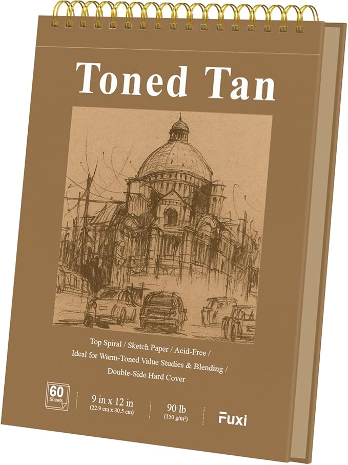fuxi toned tan sketchbook 9x12-60 sheet acid free toned paper, professional drawing pad for artists & art students.