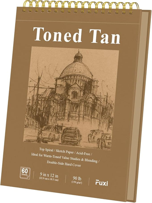 fuxi toned tan sketchbook 9x12-60 sheet acid free toned paper, professional drawing pad for artists & art students.