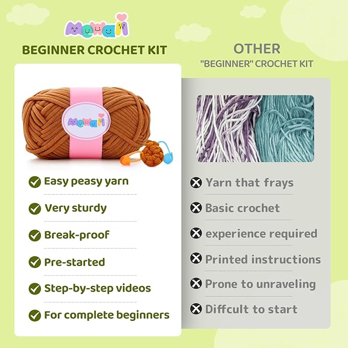 Mewaii Crochet Kit for Beginners Level 1 with 40% Extra Eco-Friendly Pre-Started Easy Yarn, Step-by-Step Video Tutorials for Adults and Kids (Capybara)