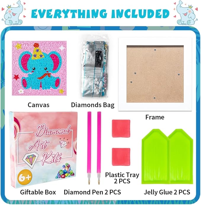 QEUOYSS Diamond Art Kit for Kids with Wooden Frame Art and Crafts for Kids Ages 6-8 -10-12 Easy to DIY Diamond Art for Kid and Adult Beginners Home Wall Decoration (Elephant)