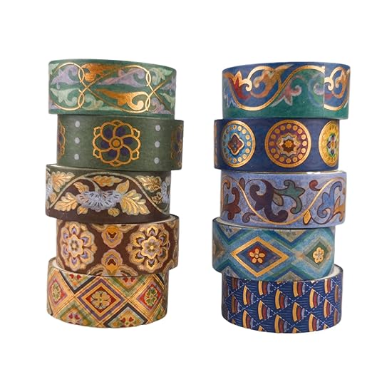 Washi Tape Set 10 Rolls, Chinoiserie Gold Foil Decorative Paper Sticker for Planner Scrapbook Journal DIY Arts Craft (Ancient Blue)