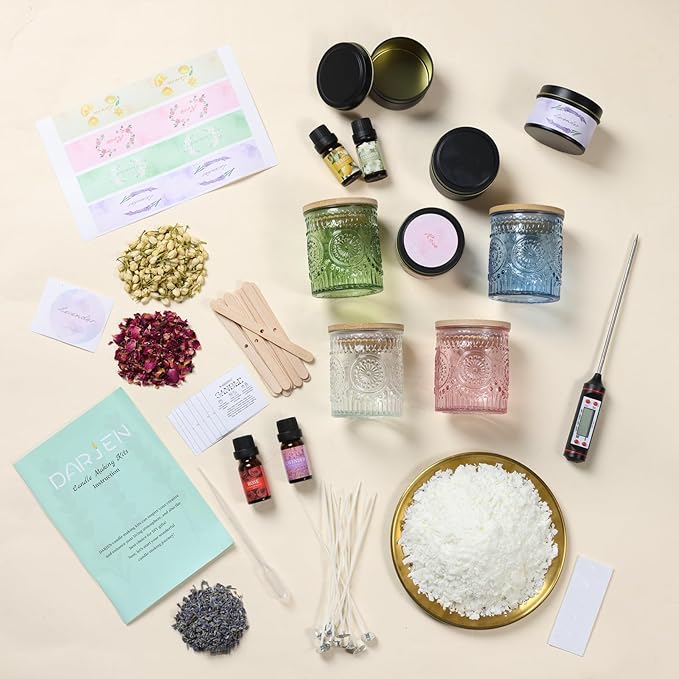 DARJEN Candle Making Kits - Soy Candles Making Supplies for Adults Including 4 Candle Jars(Clear, Pink, Blue, Green), Candle Tins, Wax, Scents, Dried Flower & More, DIY Arts & Crafts Kits Home Decor
