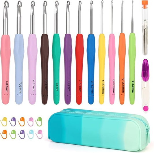 Coopay Crochet Hooks Set with Case, 12 Size Ergonomic Crochet Needles for Beginner Adult Arthritic Hands, 2mm(B)-8mm(L) Extra Long Knitting Hook for Crocheting Yarn- Great DIY Craft Christmas Gift