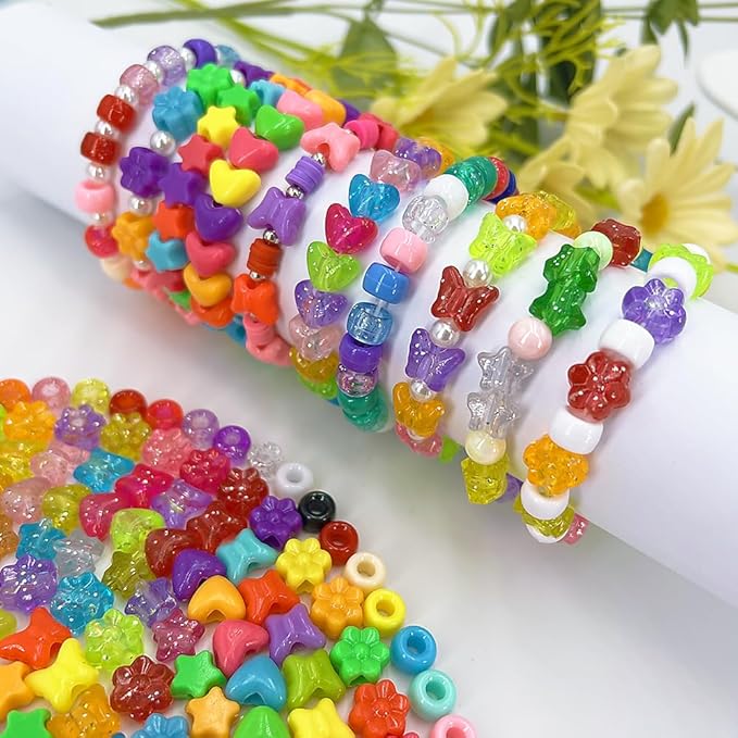 MIIIM 1000Pcs 6x9mm Glitter Pony Beads Shapes for Friendship Bracelet, Large Hole Assorted Kandi Beads in 5 Styles, Star, Heart, Butterfly, Flower, for Hair Braids, Jewelry Making