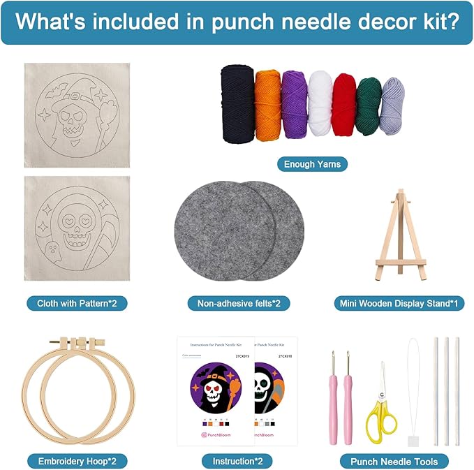 Halloween Punch Needle Kit for Adults Beginners, Easy Punch Embroidery Starter Set with Instruction, Fun DIY Needle Point Craft for Home Decor & Holiday Gift Idea(2pcs Skull Witch & Grim Reaper)