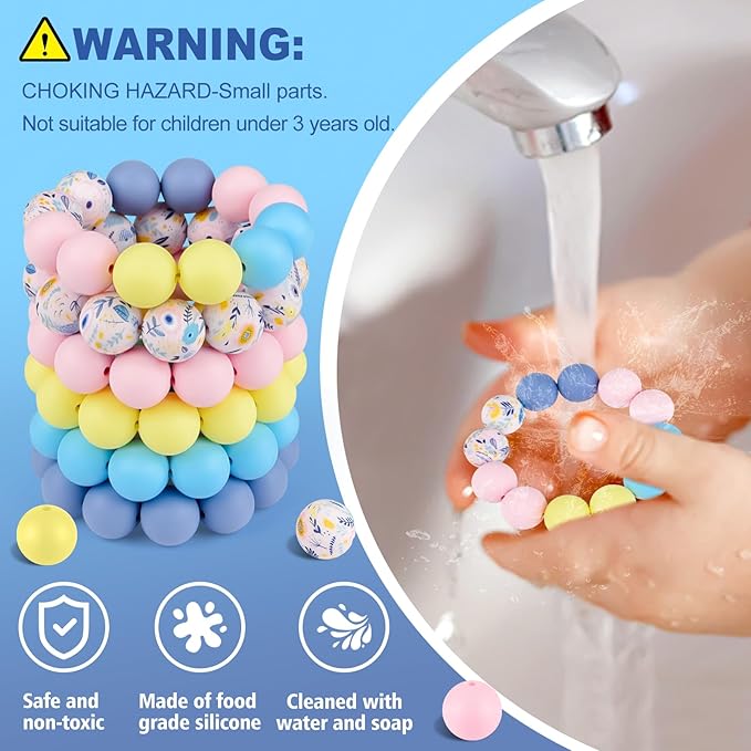ASTARON 100 Pcs 15mm Silicone Beads for Keychain Making, Illustration Style Yellow Blue Round Beads Bulk for Bracelets Crafts Beadable Pens Decorations Jewelry Making Supplies
