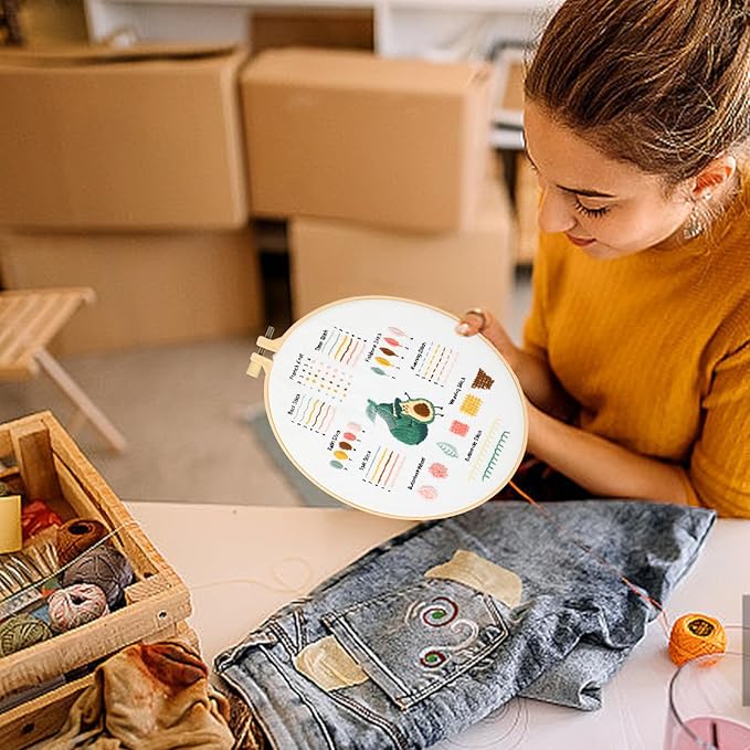 JOINRUN Beginner Embroidery Kit for Adults, 3 Pack Cross Stitch Kits with Pre-Printed Patterns, Threads, Needles, Learn Stitches with 7.8" Hoop, Video Tutorial, DIY Needlework Craft Gift for Women