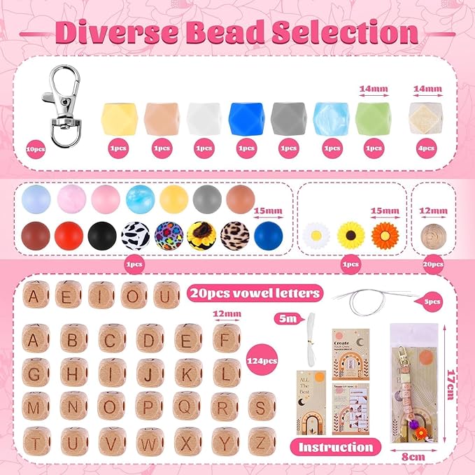 TOHONGADON 213 Pcs Silicone Beads for Keychain Making, 12mm Wood Letter Keychain 15mm Round 14mm Polygonal Silicone, Focal Silicones Beads for DIY Key Ring Women