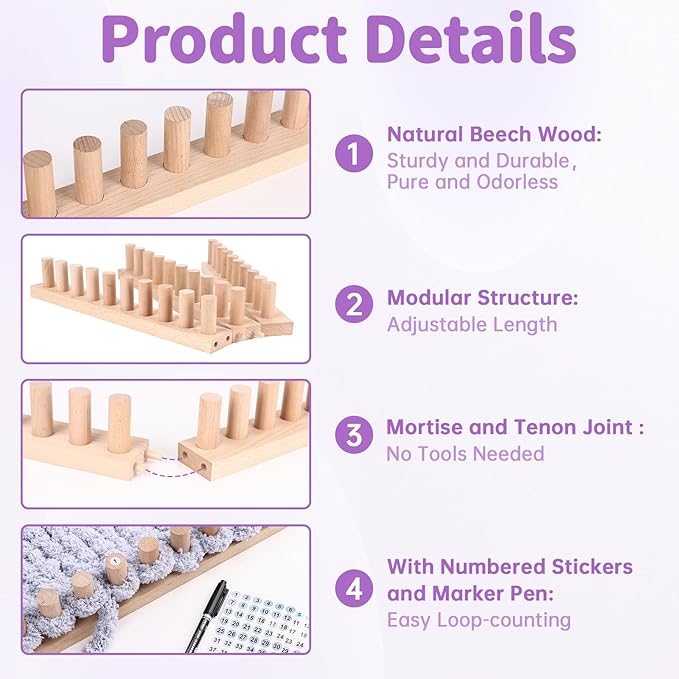 46" Beechwood Chunky Blanket Loom Kit, Adjustable Hand Knitting Loom for DIY Chunky Yarn Blankets, Large Wooden Loom Knitting Board, No Needles Required Blanket Maker, Beginner Friendly Craft Gift