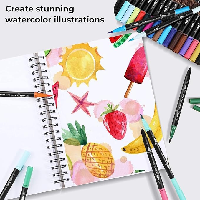 Ohuhu Markers for Adult Coloring Books: 120 Colors Brush Pens Dual Brush Fine Tip Drawing Pens Water-Based Coloring Markers for Calligraphy Bullet Journal with Carrying Case - Maui - Black