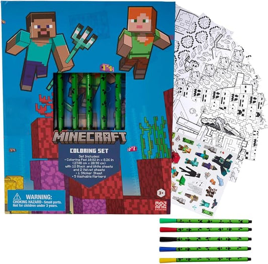Minecraft Coloring Book for Adults and Kids, Black & White Sheets, Velvet Coloring Pages, Stickers, Washable Markers