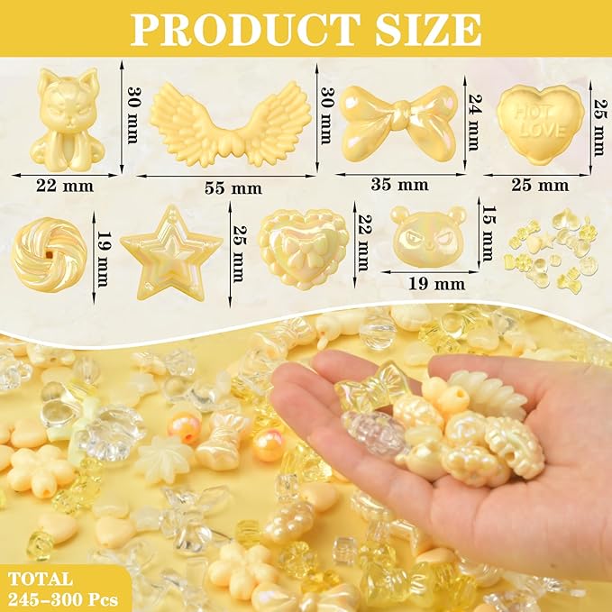 ABONDEVER 245-300Pcs Assorted Acrylic Beads for Bracelets Making Cute Star Bow Flower Candy Heart Gummy Bear Butterfly Beads for DIY Jewelry Crafts Keychain Necklace Phone Charms(Yellow)