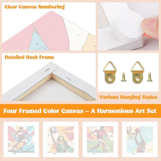 Lxmsja 4 Pack International Unified Sports Paint by Numbers Kit for Adults, Easy Framed Paint by Numbers for Adults Beginner, DIY Acrylic Oil Painting Craft Kits for Home Wall Decor 8x8 inch