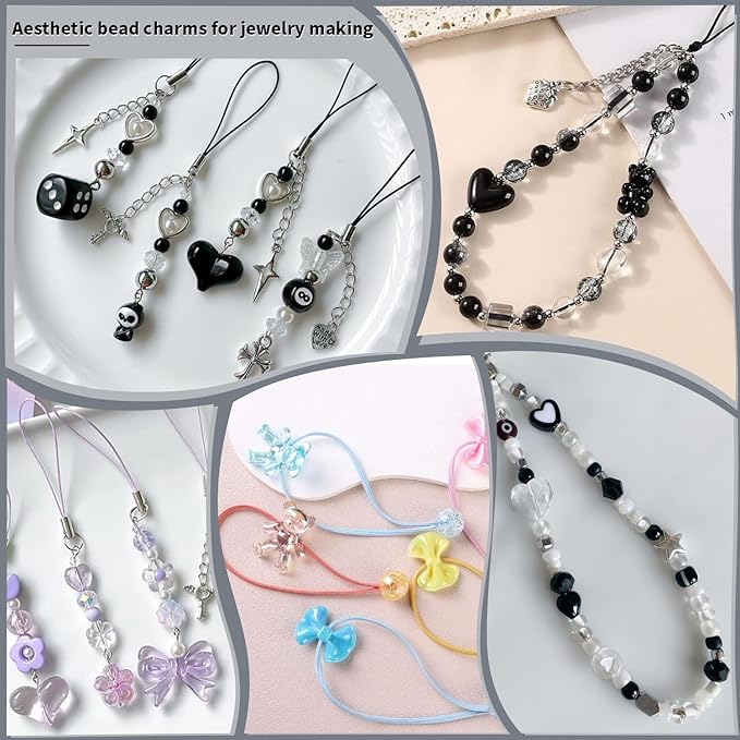 200-260pcs tinkrstuff assorted black acrylic beads for bracelet making, cute beads for jewelry making flower bow butterfly candy gummybear aesthetic bracelet charms,diy necklace keychain phone charm