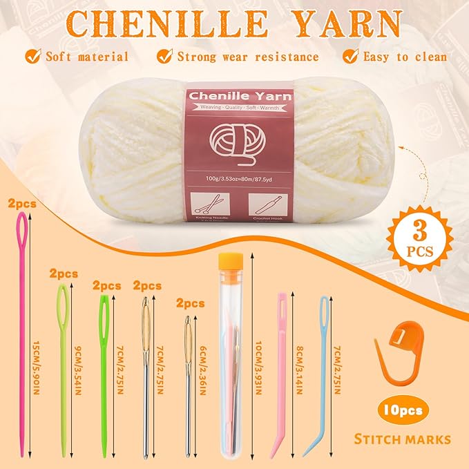 LUNARM Chenille Yarn for Crocheting Knitting, 3 Skein 263 Yard Thick Soft Chunky Fluffy Weaving Plush Yarn for Blankets Clothes Pattern Creations with Big Eye Needles(Beige)