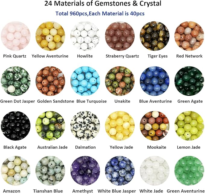 Yephac 960pcs 6mm Natural Stone Beads, Round Crystals Bead Genuine Real Stones, Gemstone Beads Kit Charms for Bracelets Jewelry Making,Box Packed(24 Colors,6mm)