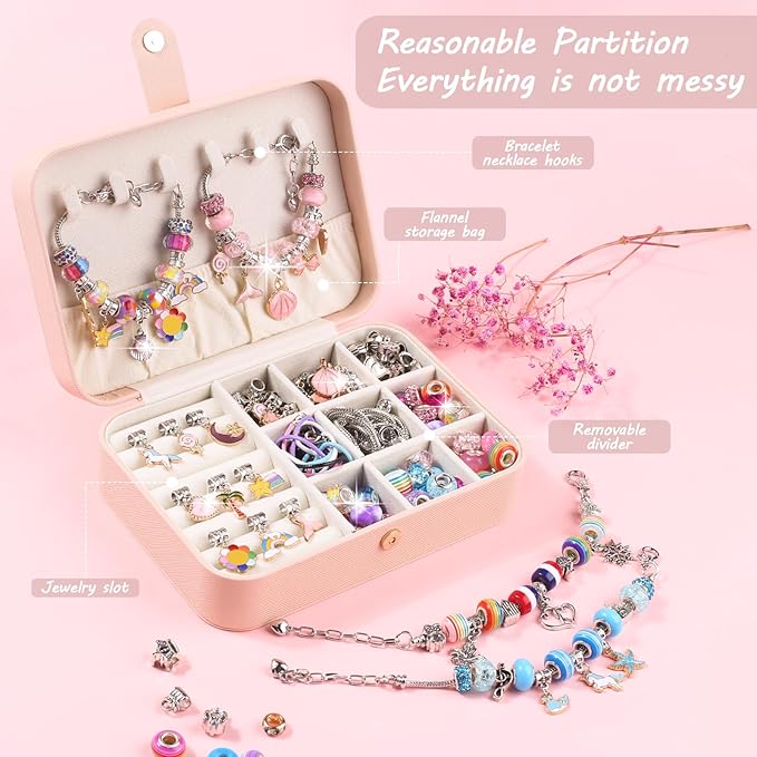 UFU Charm Bracelet Making Kit, 120Pcs DIY Jewelry Making Kit Arts & Crafts Gift for Girls 5 6 7 8-12, A Sweet Birthday Gift & Toy to Inspire Imagination & Creativity, with Portable Jewelry Box