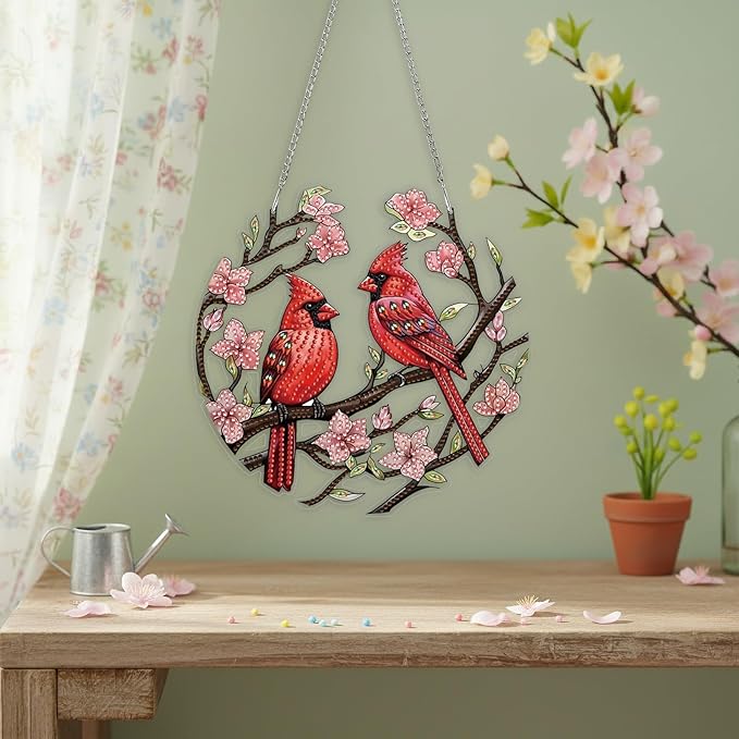 DIY Hanging Diamond Pendant Special Shaped Crystal Diamond Art Painting Ornament Single Sided for Window Home Garden Wall Door Decor (Large-Cardinal)