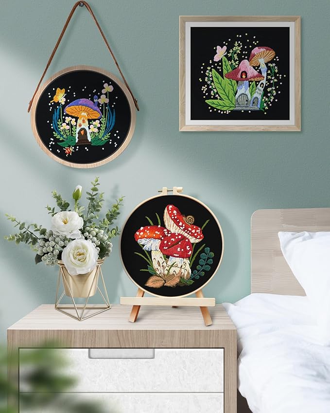 TINDTOP Embroidery Kit for Adult Beginners, Mushroom Embroidery Stitch Practice kit Include Embroidery Cloth Hoops Threads for Craft Lover Hand Stitch