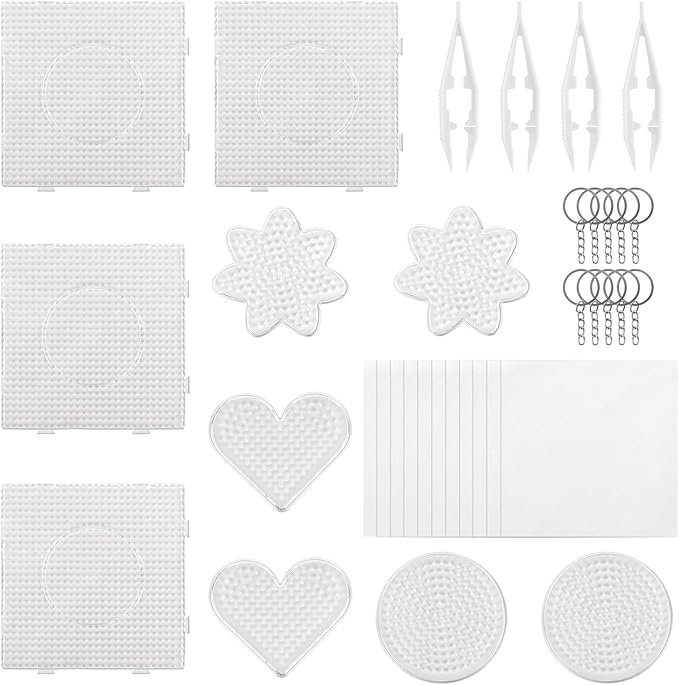 10Pcs 5mm Fuse Beads Pegboards，Multiple Shapes Melty Beads Peg Boards with 4Pcs Tweezers for Ironing Pixel Art Kit and Crafts