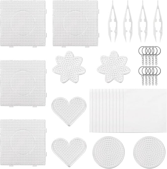 10Pcs 5mm Fuse Beads Pegboards，Multiple Shapes Melty Beads Peg Boards with 4Pcs Tweezers for Ironing Pixel Art Kit and Crafts