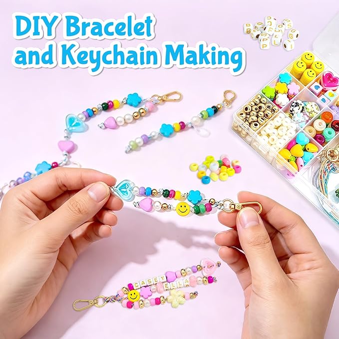 433PCS Keychain Making Kit – DIY Bracelet & Friendship Bracelet Making Kit, Clay Bead Kit for Jewelry Crafting, Acrylic Beads Set, DIY Bead Kits for Adults Teens Women, Creative Gift for Women & Girls