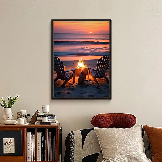 Fountor Sunset Diamond Art Kits for Adults, Beach Landscape Diamond Painting Kit for Adults Beginners, 5D DIY Campfire Diamond Painting with Round Gem Art Kits for Home Wall Decor 12x16 Inch
