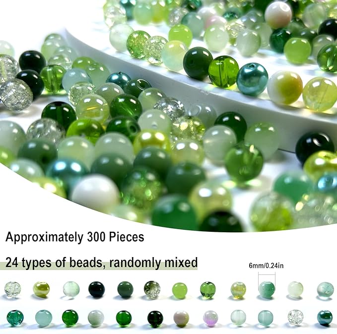 300pcs 6mm Glass Beads, 24 Colors Assorted Glass Beads for Jewelry Making, Green Series Round Spacer Bead Kit for St. Patrick's Day Bracelet Necklace DIY Craft