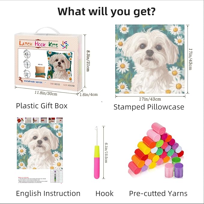 DIY Latch Hook Pillow Kits for Adults Cute Maltese Dog in Daisy Flowers Printed Pillowcase Crochet Yarns Hooking Handmade Pillow Cover Cushion for Home Sofa Decor 17x17inch(4)