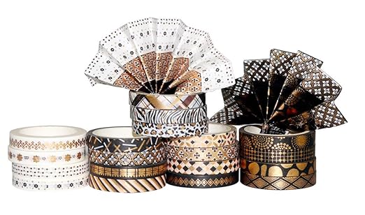 YUBBAEX 20 Rolls Washi Tape Set Black Gold Foil Print Decorative Tapes for Arts, DIY Crafts, Bullet Journals, Planners, Scrapbook, Wrapping (Skinny Black Gold x 20 Rolls)