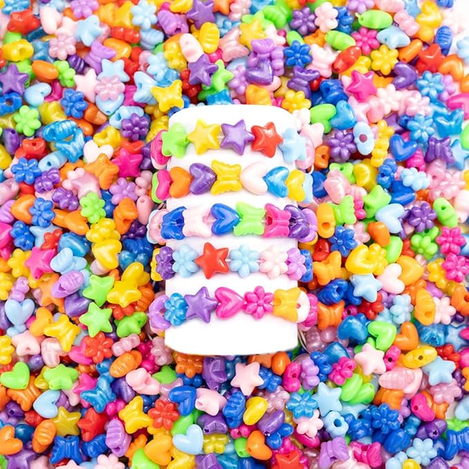 Gxueshan 1000 Pcs Acrylic Plastic Heart Star Mix Perforated Beads Bulk Rainbow Hair Beads, DIY Face Mask Pony Beads for Friendship DIY Kandi Bracelet Necklace Jewelry Making Supplies Kit (Mix)