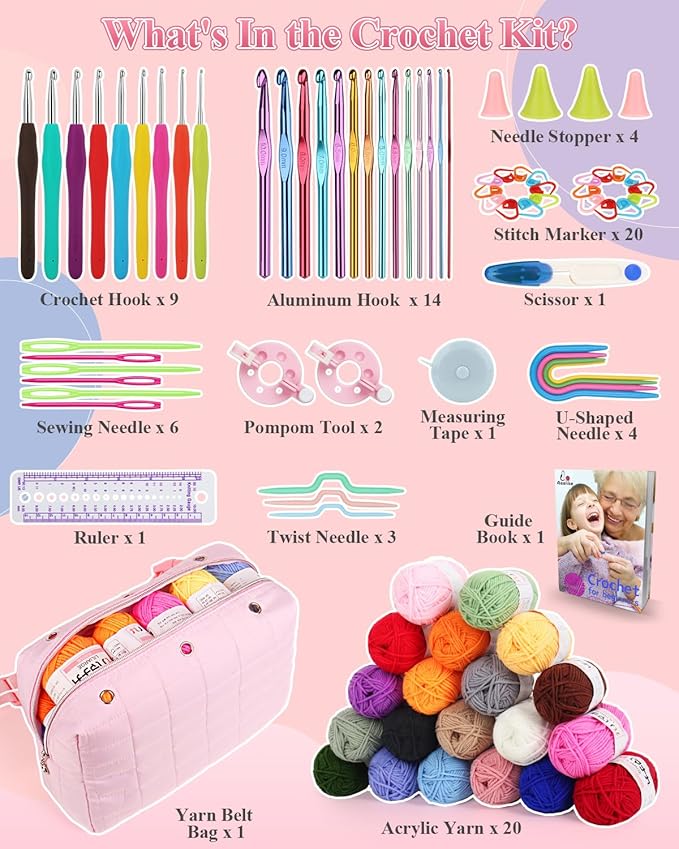 Aeelike Crochet Kit for Beginners Adults, Complete Yarn Kit Including 1093 Yards Crochet Yarns, Crochet Hooks Set, Detailed Instructions, Learn to Crochet Kits for Beginners Professionals